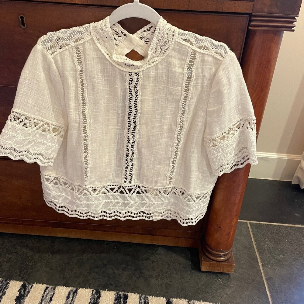 Zara White Lace High Neck Blouse Crochet Trim Boho Top